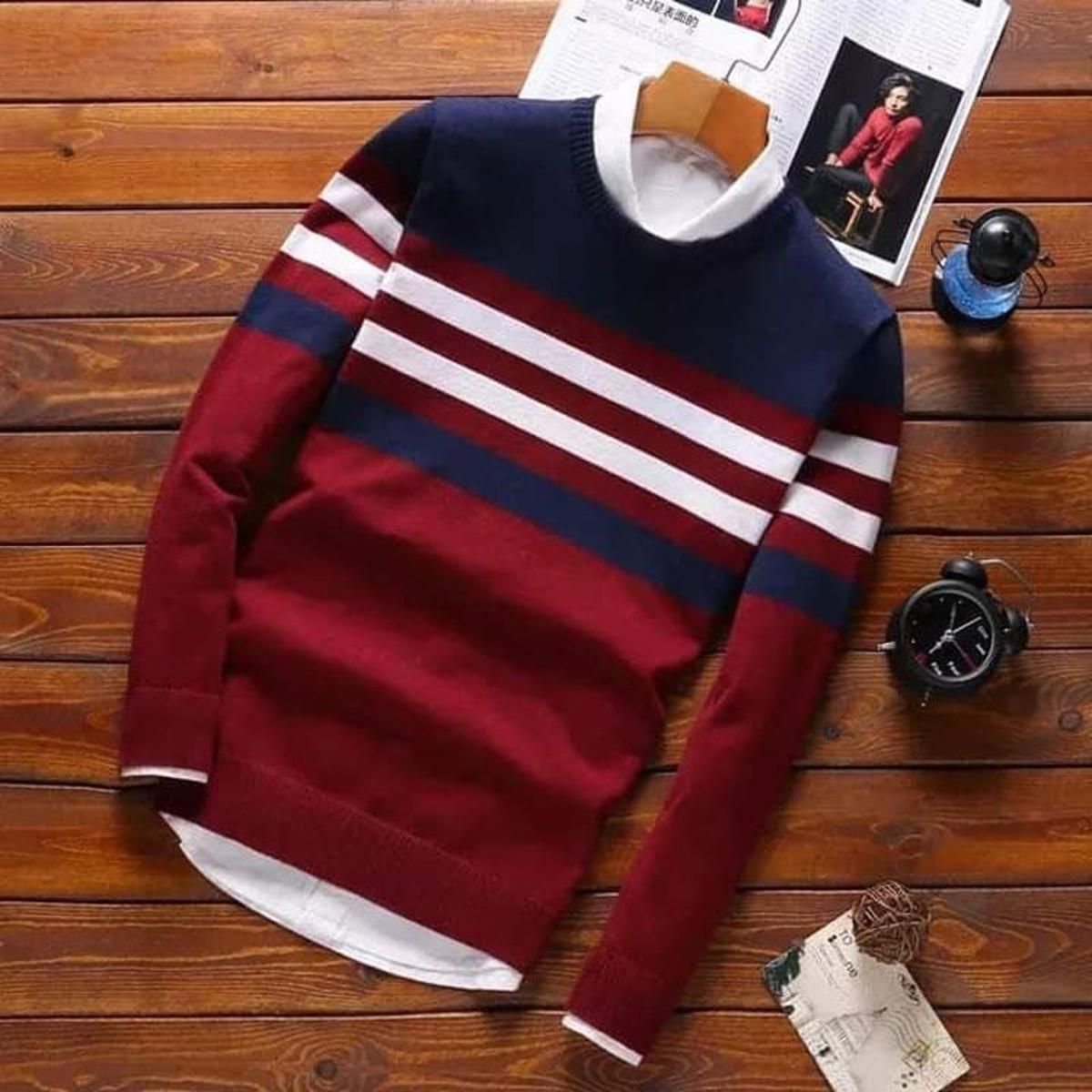 Navy & Maroon Cotton Full Sleeve T Shirt For Men
