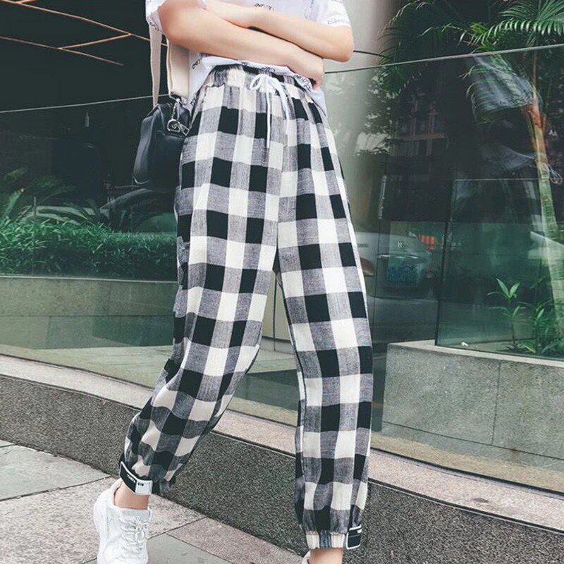 ROPALIA Fashion Women Autumn Casual Pants Clothes Black White Plaid Female Harem Pants Loose Drawstring Pants Clothing