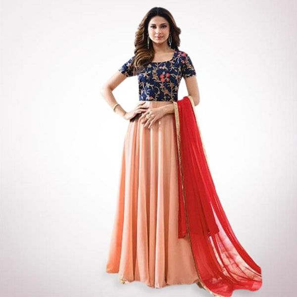 Unstiched Coral and Red Georgette Gown For Women