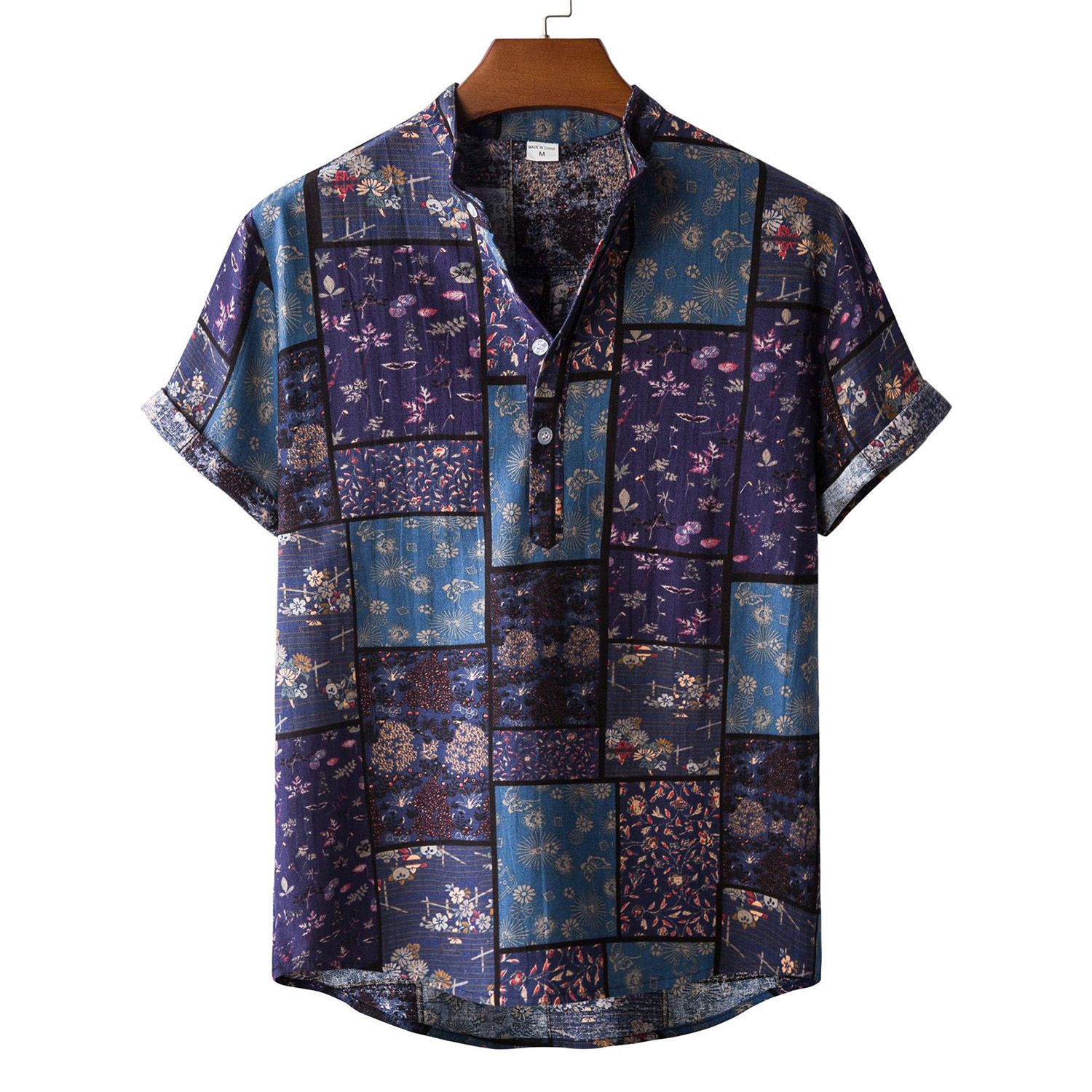 Hawaiian Shirt Printing Turn-down Collar Cotton Blend Short Sleeve Top T-shirt for Men