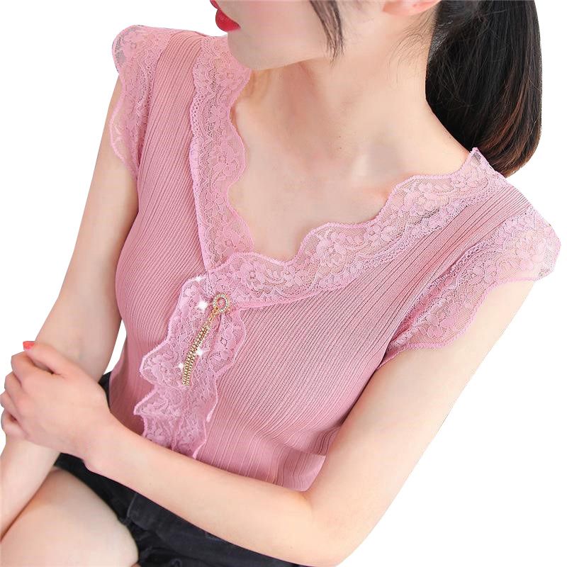 Women Summer Vest, Lace Stitching V-Neck Sleeveless Form-Fitting Tank Tops for Girls, White/Pink/Black/Apricot