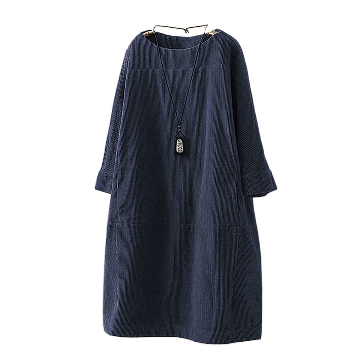 Women's Loose Corduroy Dress, Casual Long Sleeve Round Neck Solid Color A-Line Dress