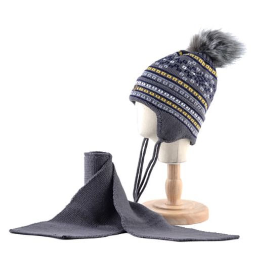 K Brand Kids Winter Scarf Set For Boys Imitation Fur Knitted Beanie Baby Children Warm Hats With Ear Protection Cap