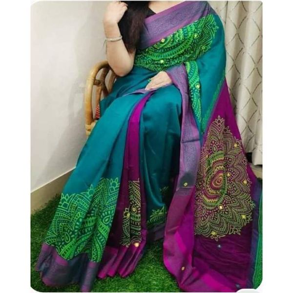 Block Print Saree New Green Color Colors Collection Fashionable Stylish and Comfortable, Half Silk Sharee For Women