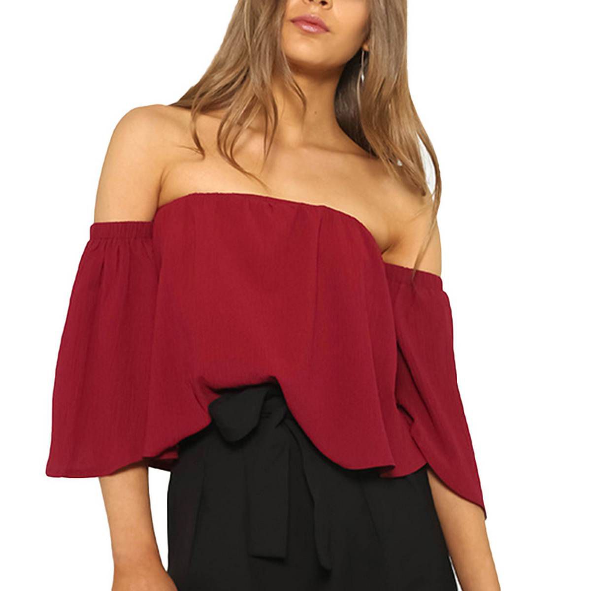 Women Short Sleeve Off Shoulder Ruffled Hem Crop Top