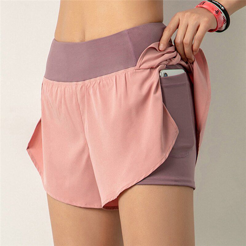 2021 Women Gym Double Shorts Side Pocket Running Shorts Breathable Quick Dry Yoga Women Shorts Workout Fitness Sportwear