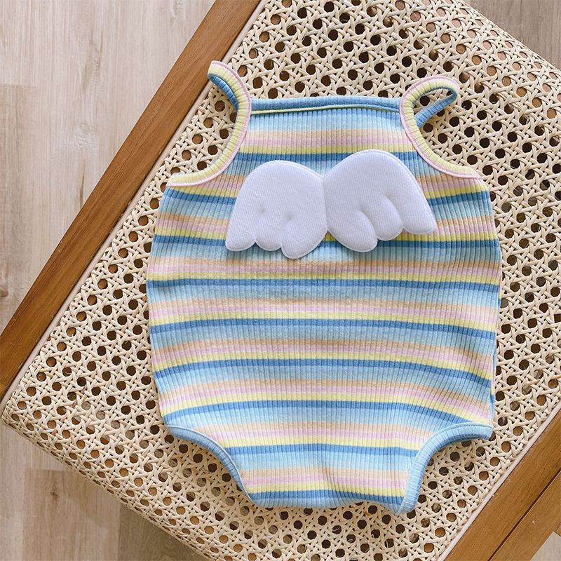 Baby Girls Striped Bodysuit, Summer Sleeveless Angel Wings Spaghetti Strap Romper