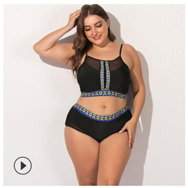 Women Mesh Two-piece Bathing Suit, Print Front Hollow-out Top with Chest Pad and Adjustable Strap Tight Hip Brief Set