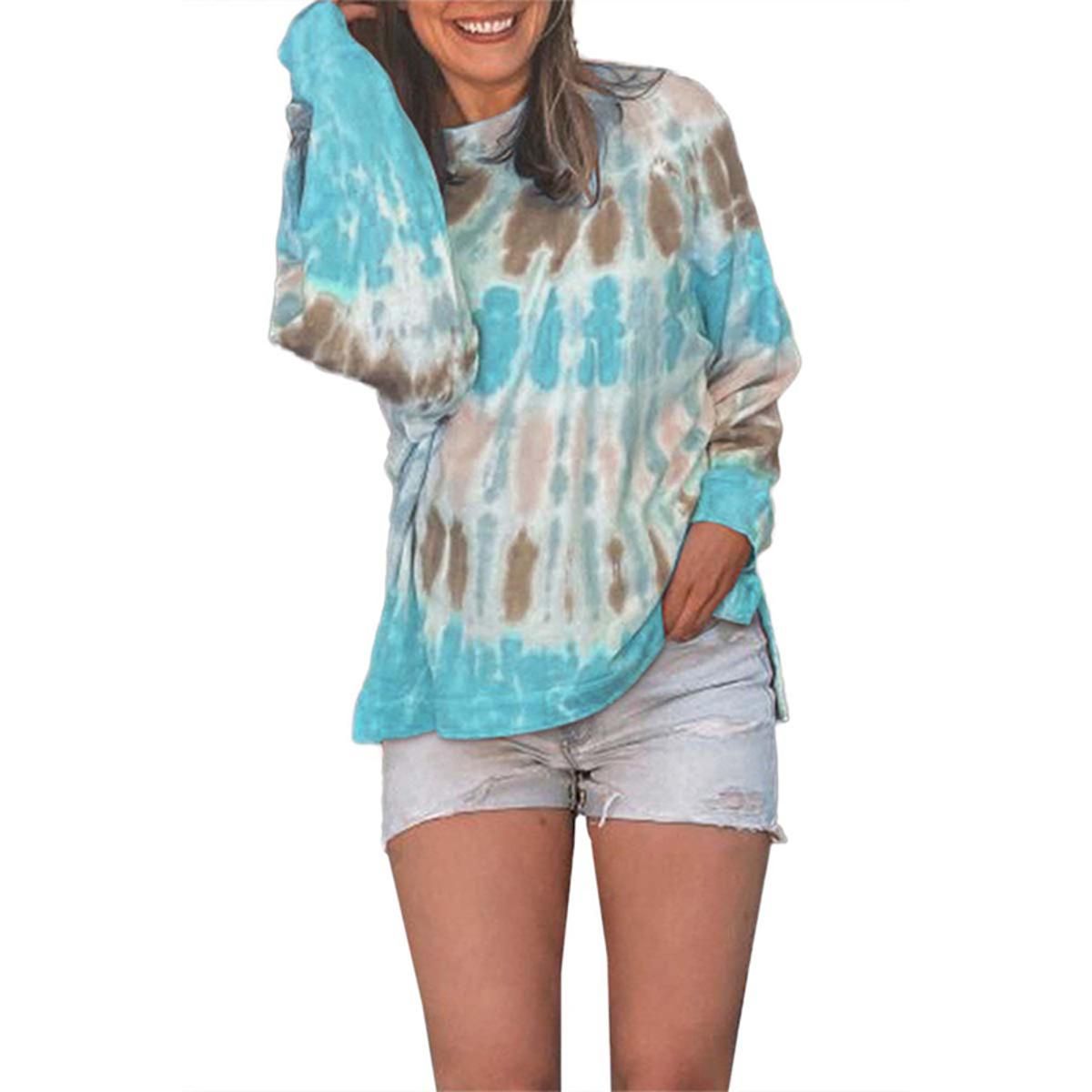 Women Die Dye Print Pullover, Long Sleeve Round Neck Split Hem Top Casual Style Clothes