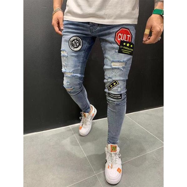 Frayed Decoration Letter Pattern Jeans for Men Ripped Skinny Jeans Man Men's Jeans Destroyed Slim Fit Denim Pants Zipper US
