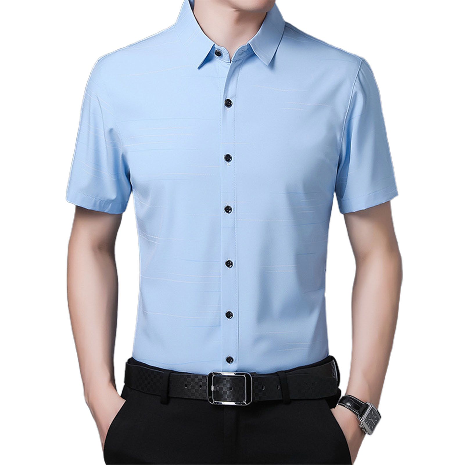 Men Social Shirt Horizontal Stripes Thin Summer Lapel Collar T-shirt for Business