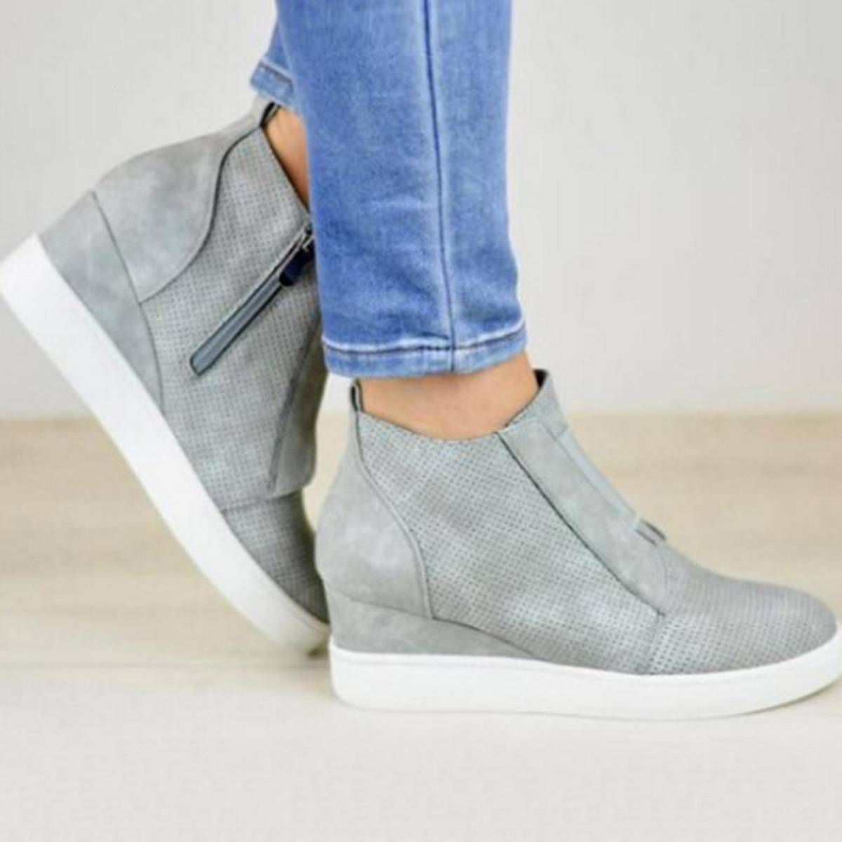 Womens Flats Wedges Round Toe Non-slip Comfortable Walk Casual Shoe Zipper Boots