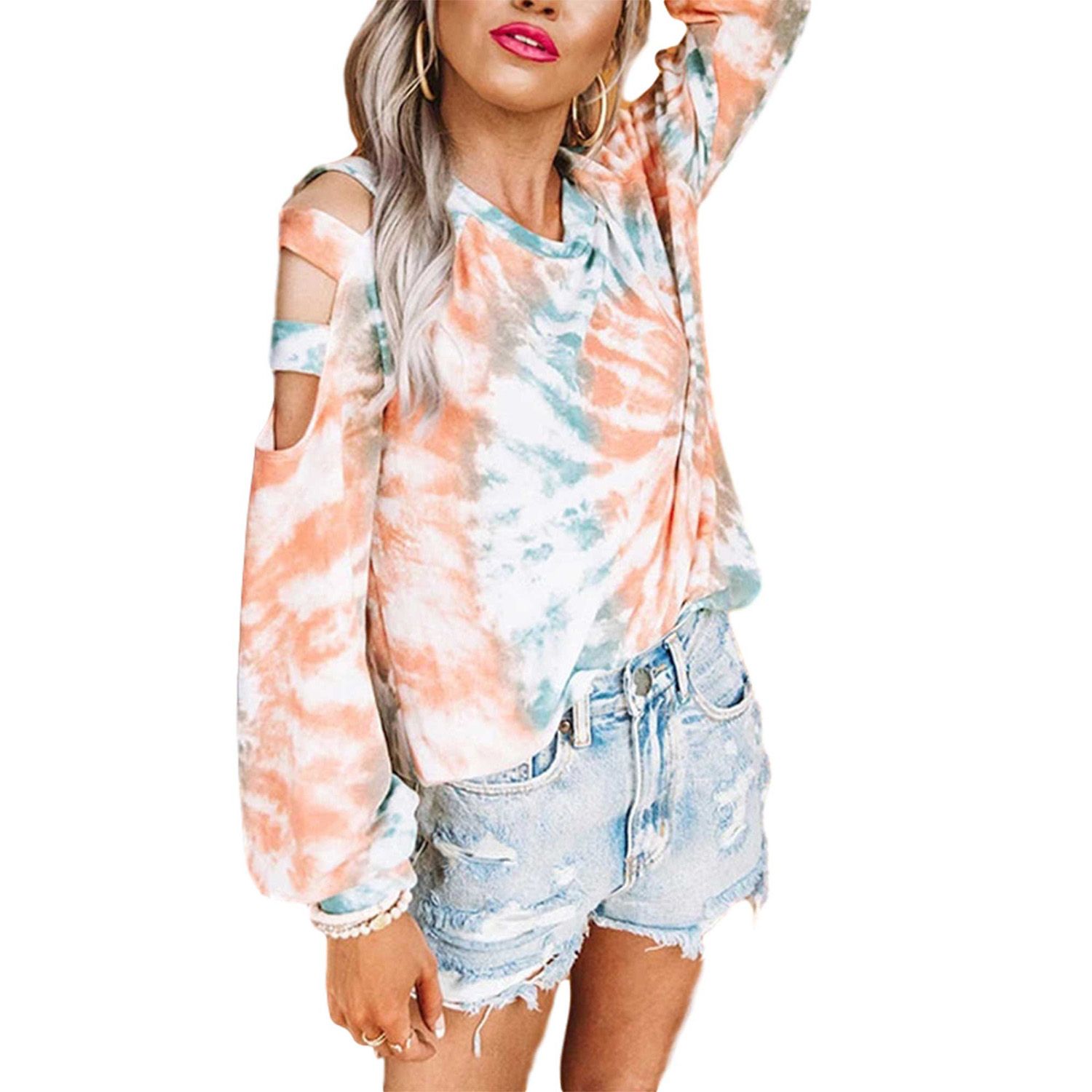 Women's Tie-dye Print T-Shirt Fashion Wild Casual Long Sleeve Off Shoulder Loose Blouse Top