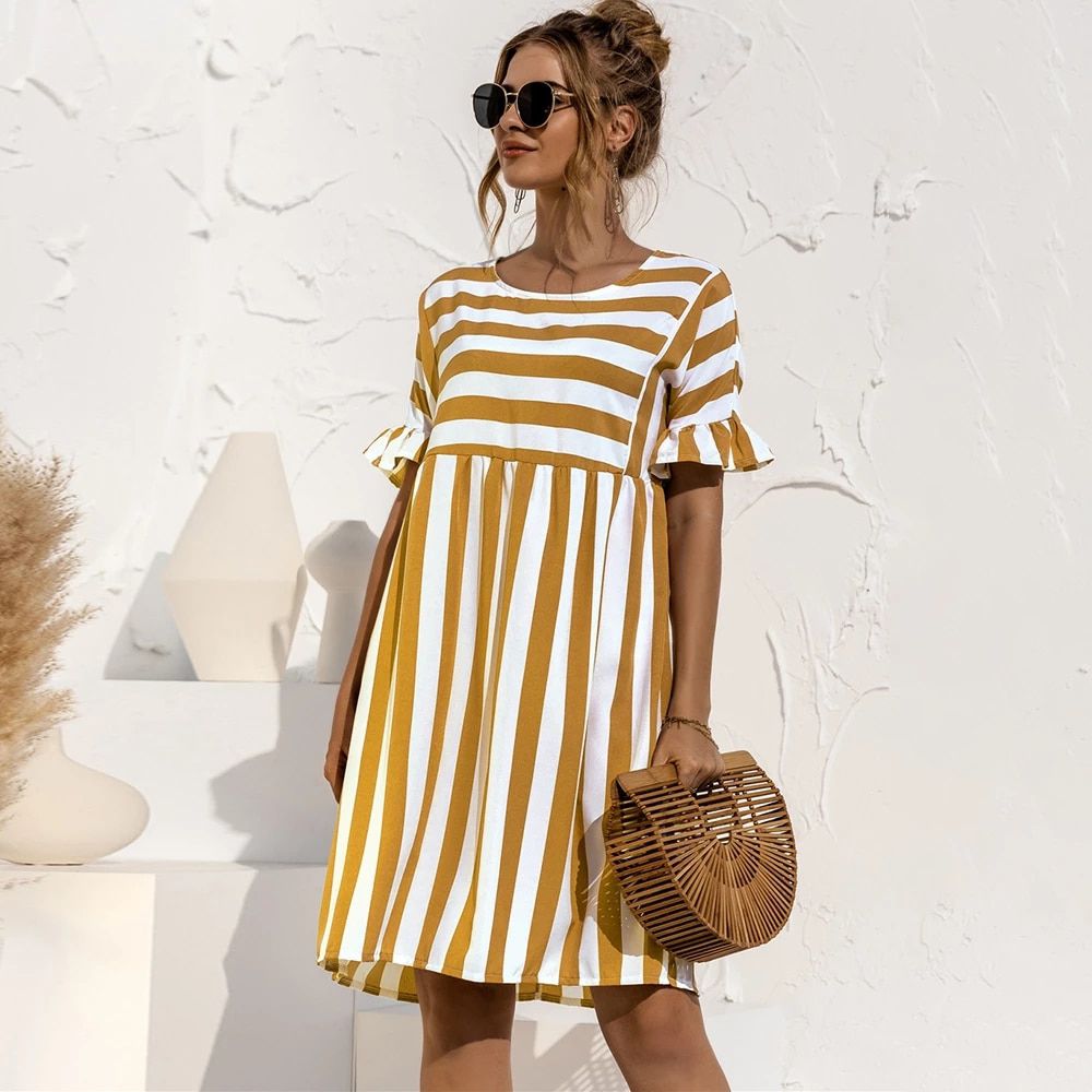2021 New Women Striped Patchwork Dresses Elegant Ruffle Sleeve O-Neck Loose  A Line Dress Female Summer Party Dress Vestidos