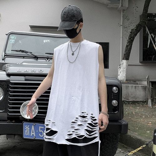 Men Tanks Solid Loose Hollow Out Sleeveless Undershirts Fitness Hop Kan Style Male Tops Fashion Bread Breathable Singlet
