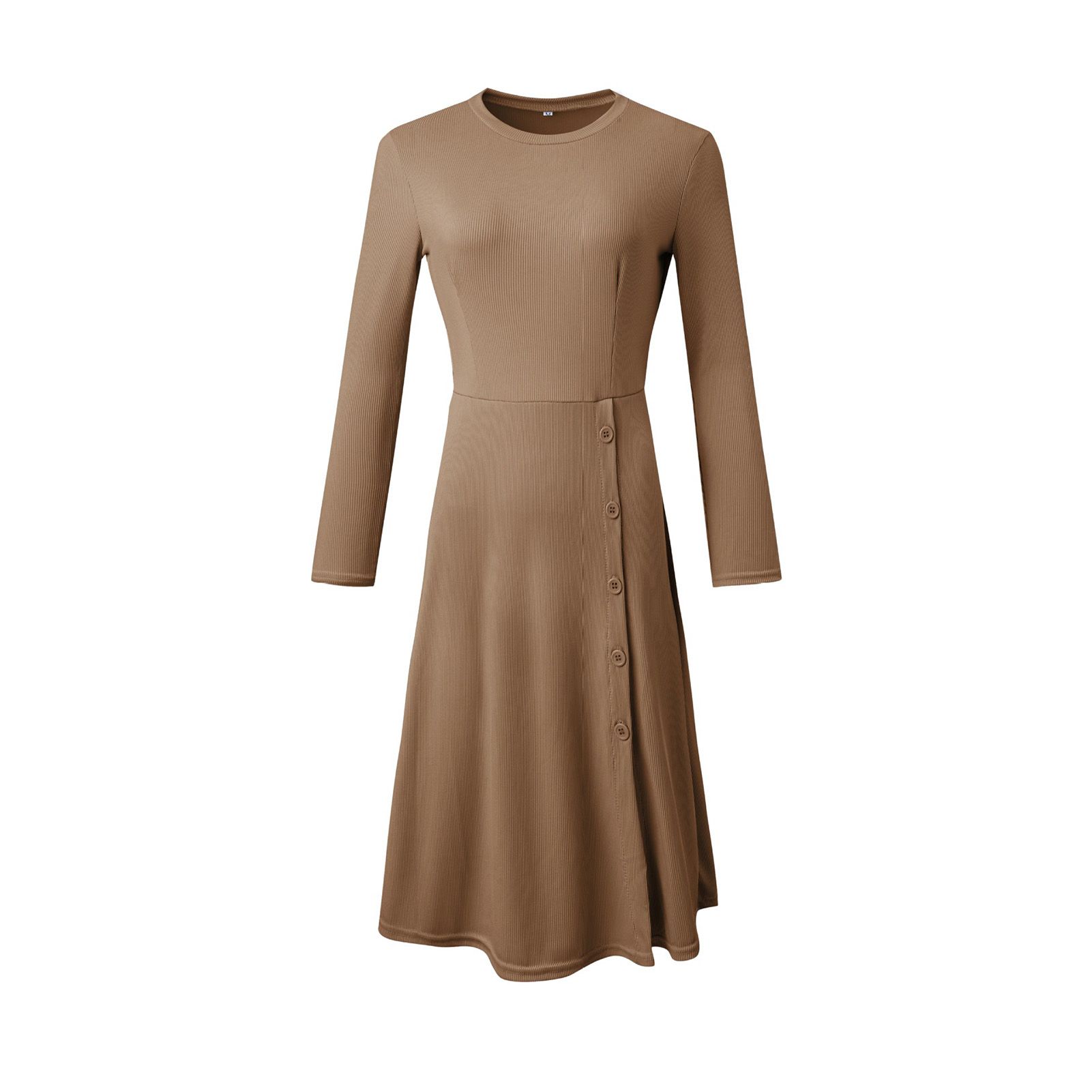 Midi Dress Round Neck Ribbed Solid Color Bodycon Dress