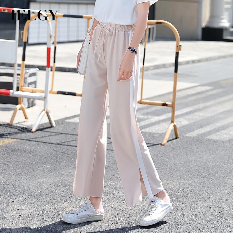IELGY Women's pants casual split thin nine points fashion all-match wide leg chiffon loose