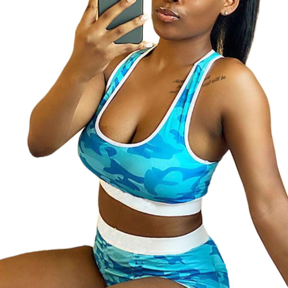 Ladies Summer Breathable Sportswear Suit, Women Fashionable Printing Sleeveless Short Camisole + High Waist Sports Shorts Yoga Clothes Set