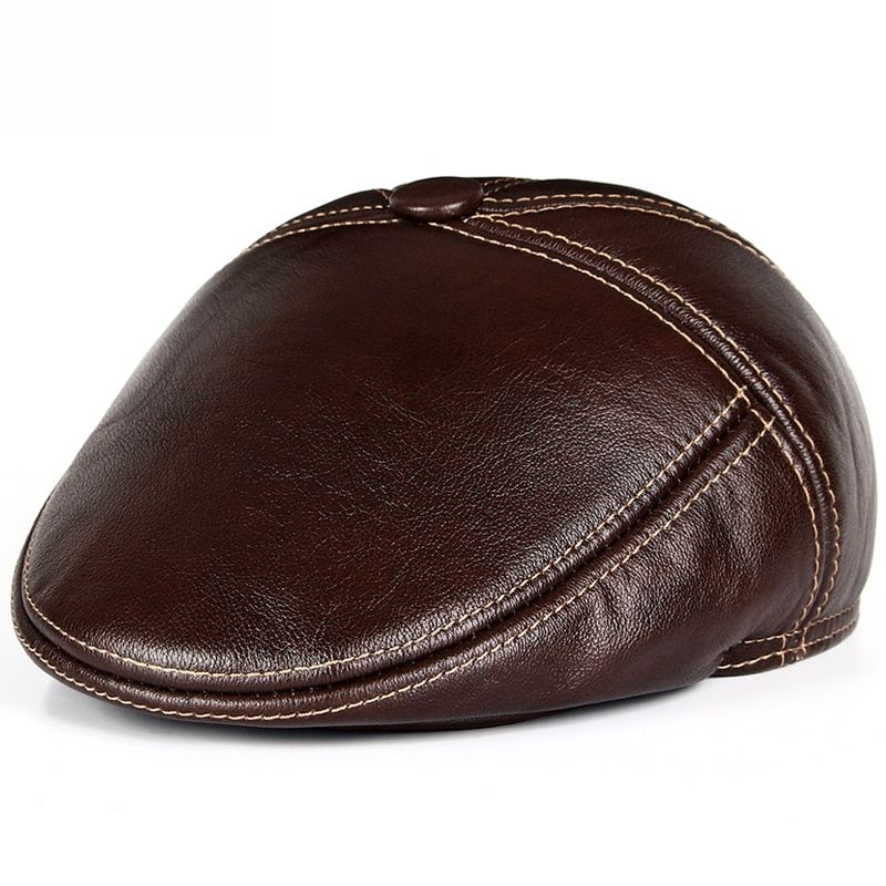 Winter Men's  cowhide Leather baseball Cap brand Newsboy /Beret Hat winter warm caps&hats men with ears ear flap
