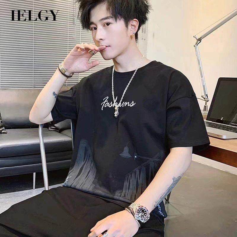 IELGY Korean style loose round neck casual men's T-shirt short sleeve fashion printing