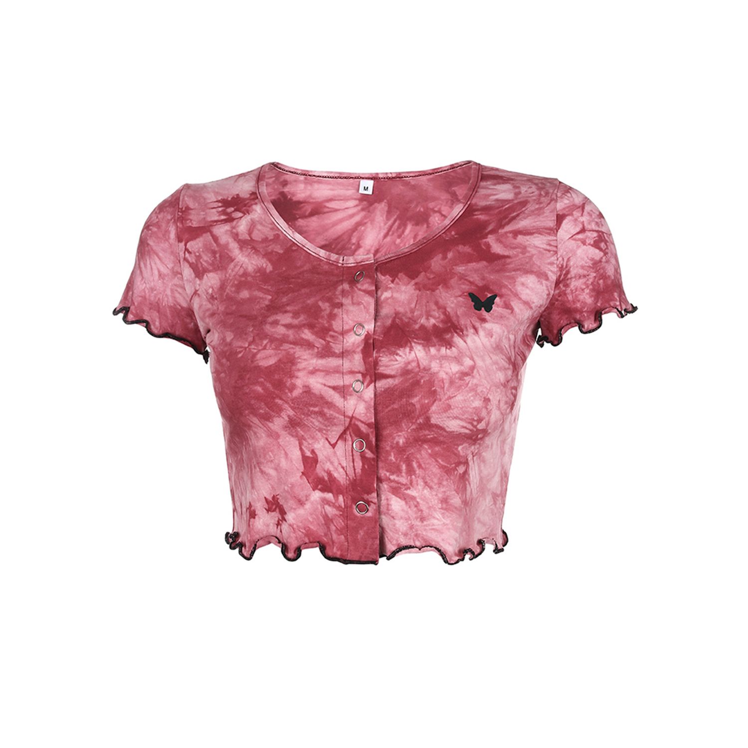 Women Fashion Tie-dye Butterfly Embroidery Top Summer Short Sleeve Round Neck Crop Top