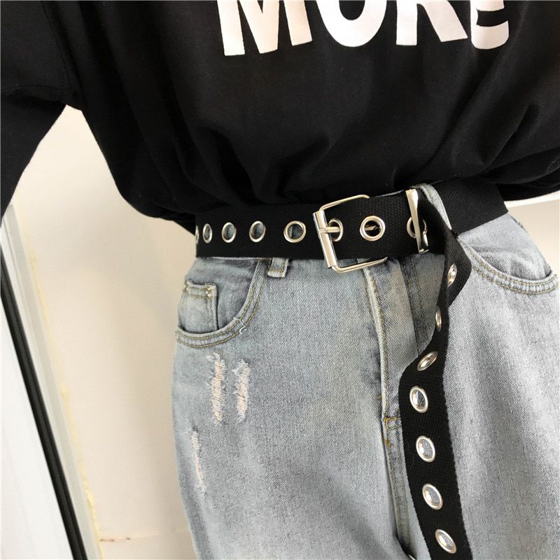 Korean canvas belt long chic female Novelty openwork hip hop Harajuku fashion solid color couple Unisex belts