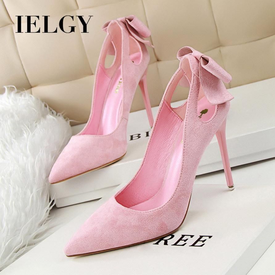 IELGY Suede High Heels Sweet 10.5cm Slim Heel Shallow Mouth Pierced Fashion Bow Women's Shoes