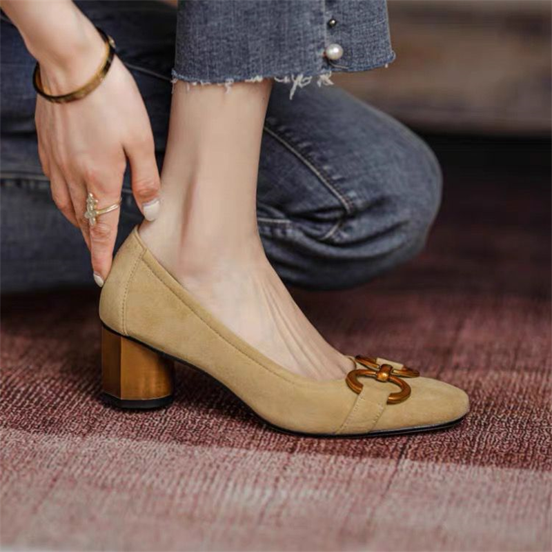 Square Toe Medium Heels Women Pumps For Working Shoes Metal Decoration High Heels Boat Shos Daily Autumn New Fasion Blue