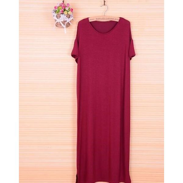 2020 Summer Black Dress Women O-neck Knee-Length Short Sleeve Solid Side Cut Casual Modal Cotton Home Dresses Size S M L XL