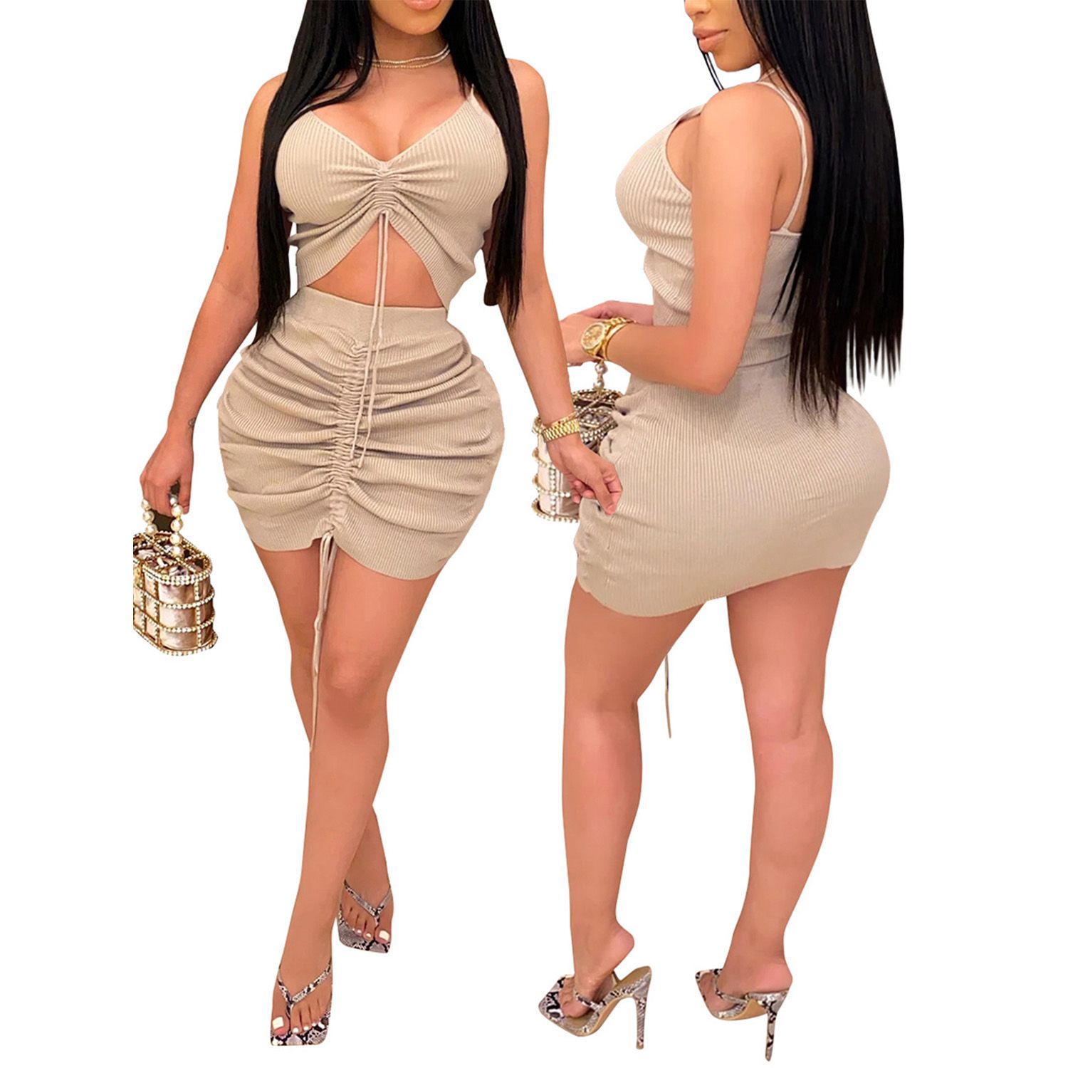 2021 Women  2-piece Outfit Set Sleeveless Drawstring Crop Top and Skirt Set for Women Ladies