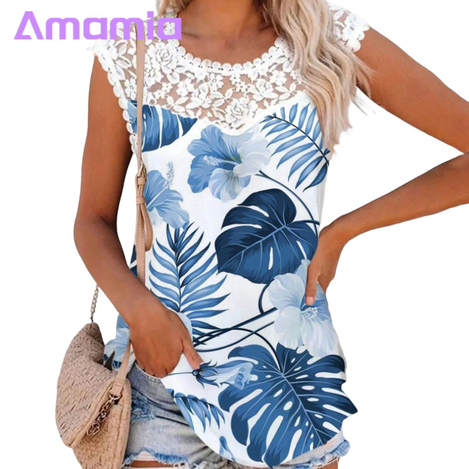 Amamia Summer T-shirt O Neck Sleeveless Leaf Pattern Summer Blouse