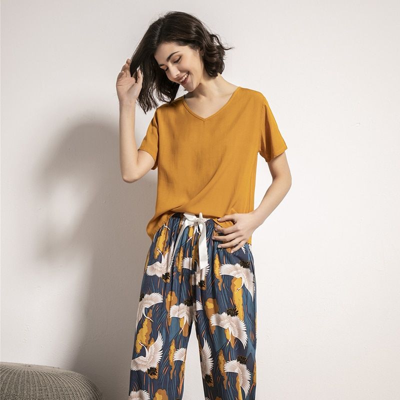 Floral Printed Pyjama Sleepwear Female Casual V Neck Short Sleeve Elastic Waist Nightwear Retro Women's Pajamas Sets
