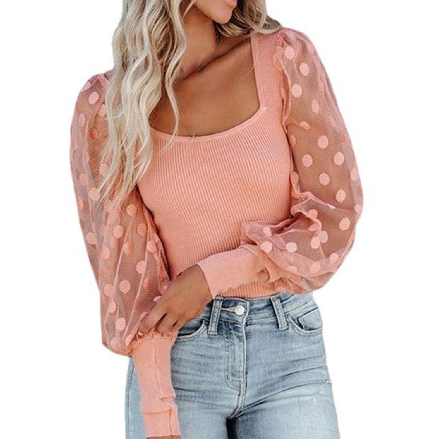 Women Pullover Comforle Mesh Sleeve Square Neck Women Pullover