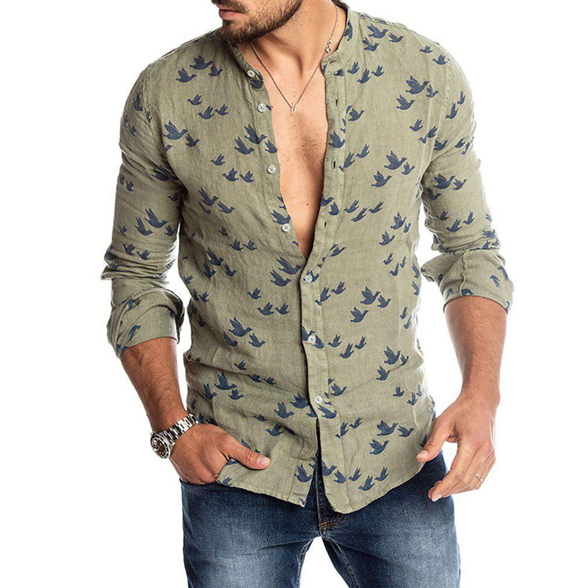 Spring Autumn Casual Men Pigeon Print Buttons Long Sleeve Shirt Linen Slim Top