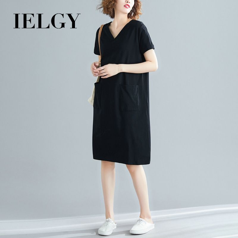 IELGY large size women's summer new V-neck loose short-sleeved mid-length T-shirt skirt solid color dress