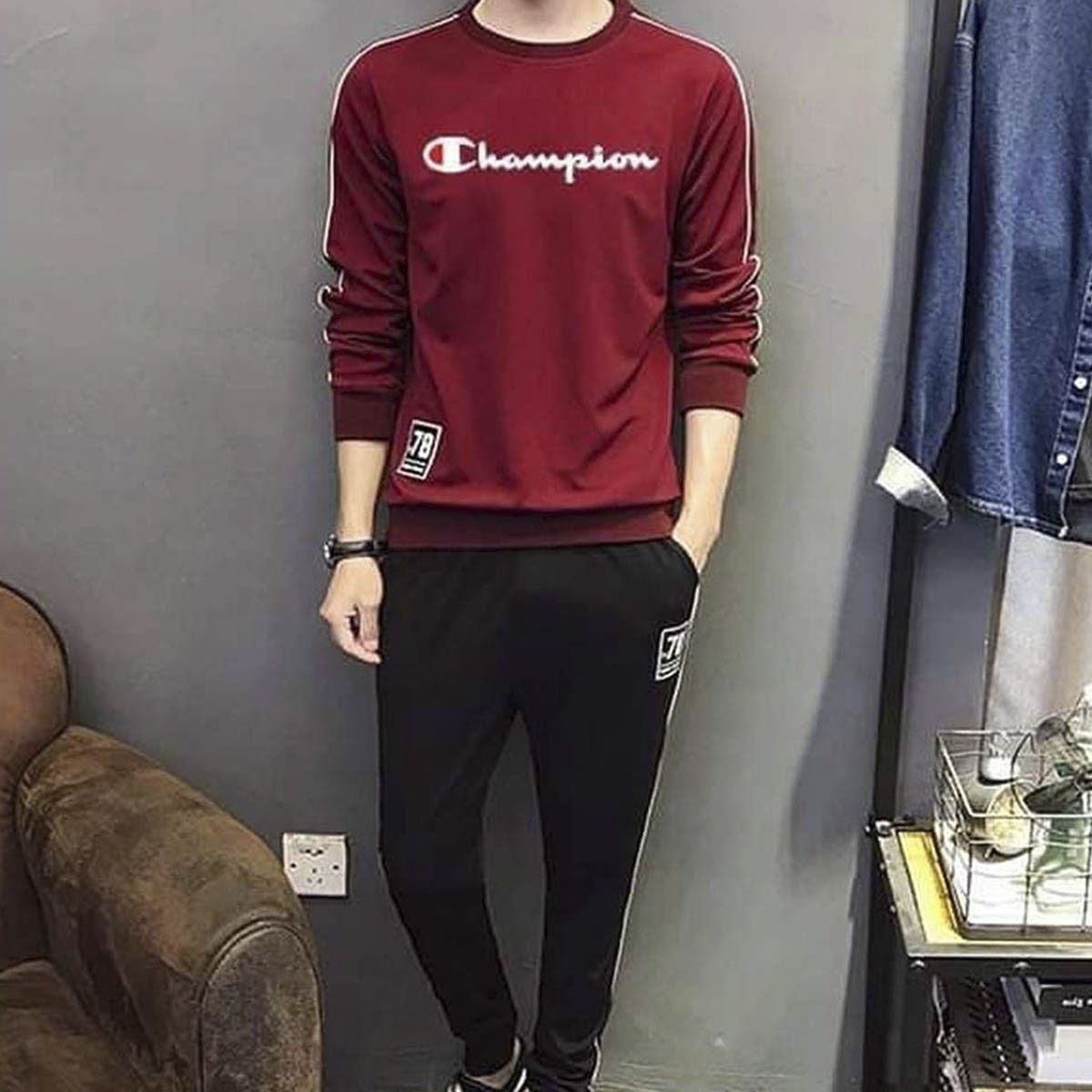 Black and Maroon Long Sleeve Jacket Set - Hudi For Men - Hoodie For Men - Hoodie For Men - Hoodie - Hudi For Men