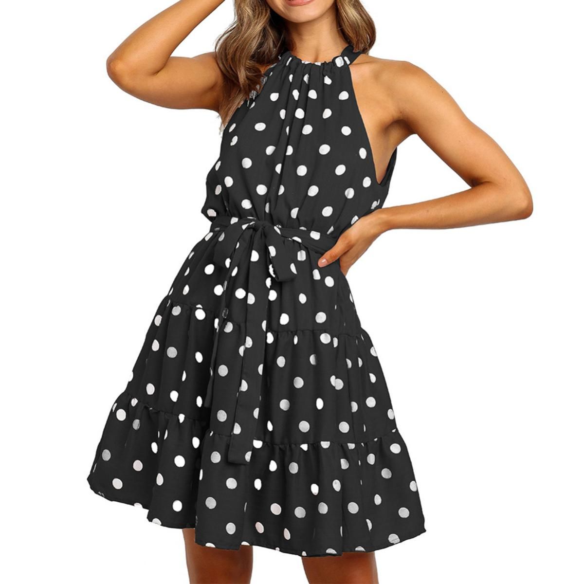 Women Sleeveless Ruffled Halter Dots Print Waist Belt A Line Mini Dress