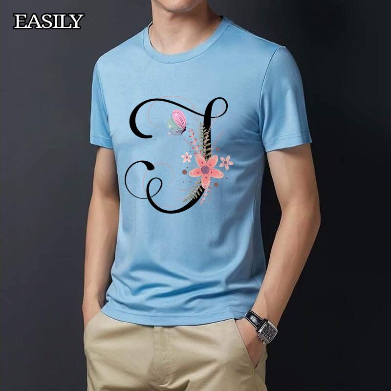 Floral Alphabet Letters A to Z Skyblue Color T-Shirt for Men's - Genji - T Shirt For Man