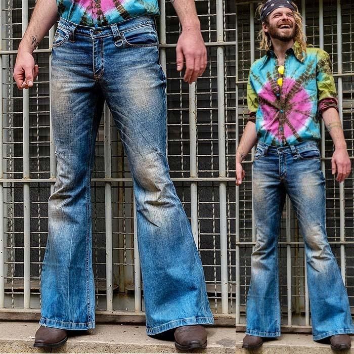 Bell Bottom Stretch Jeans for Men Star Bandit with Hip Destroyed Effects Look In Light Dirty Denim Style Skinny Jeans Men Retro Ripped Classic Flared Denim Pants
