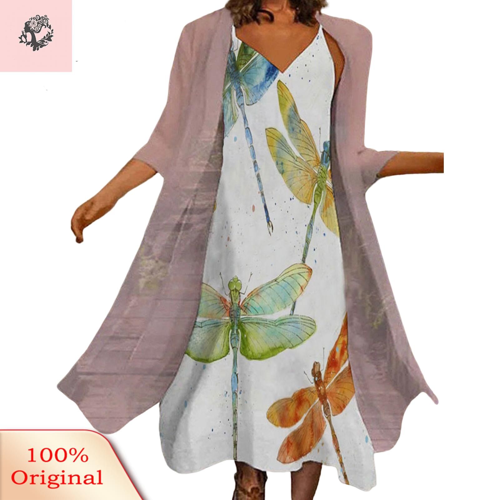 Sunnyheart Women Dress Set Artistic Vintage Style V Neck Women Dress Coat Set