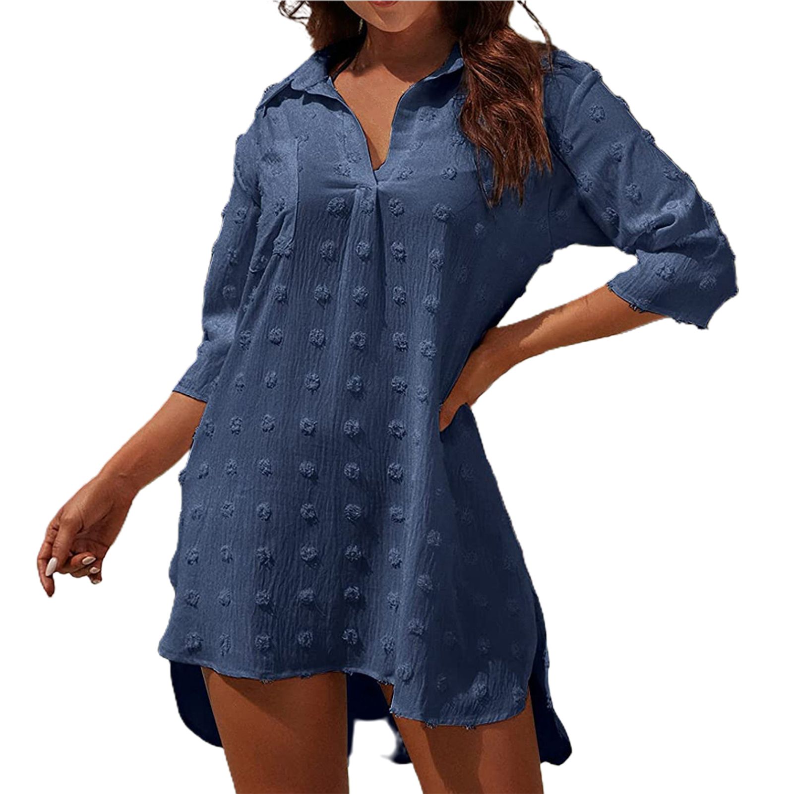 Bikini Cover Up Asymmetrical Hem Flower Design Shirt Dress