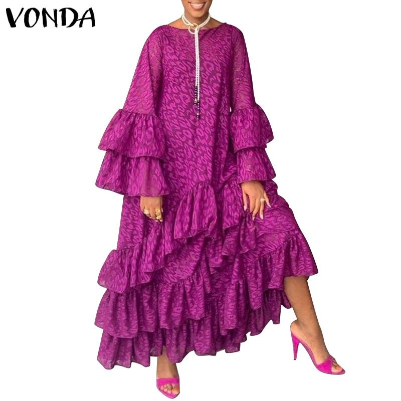 VONDA 2021 Autumn Holiday Long Dress For Women Vintage Printed Party Dresses Bohemian Long Sleeve Sundress Beach Casual Vestidos