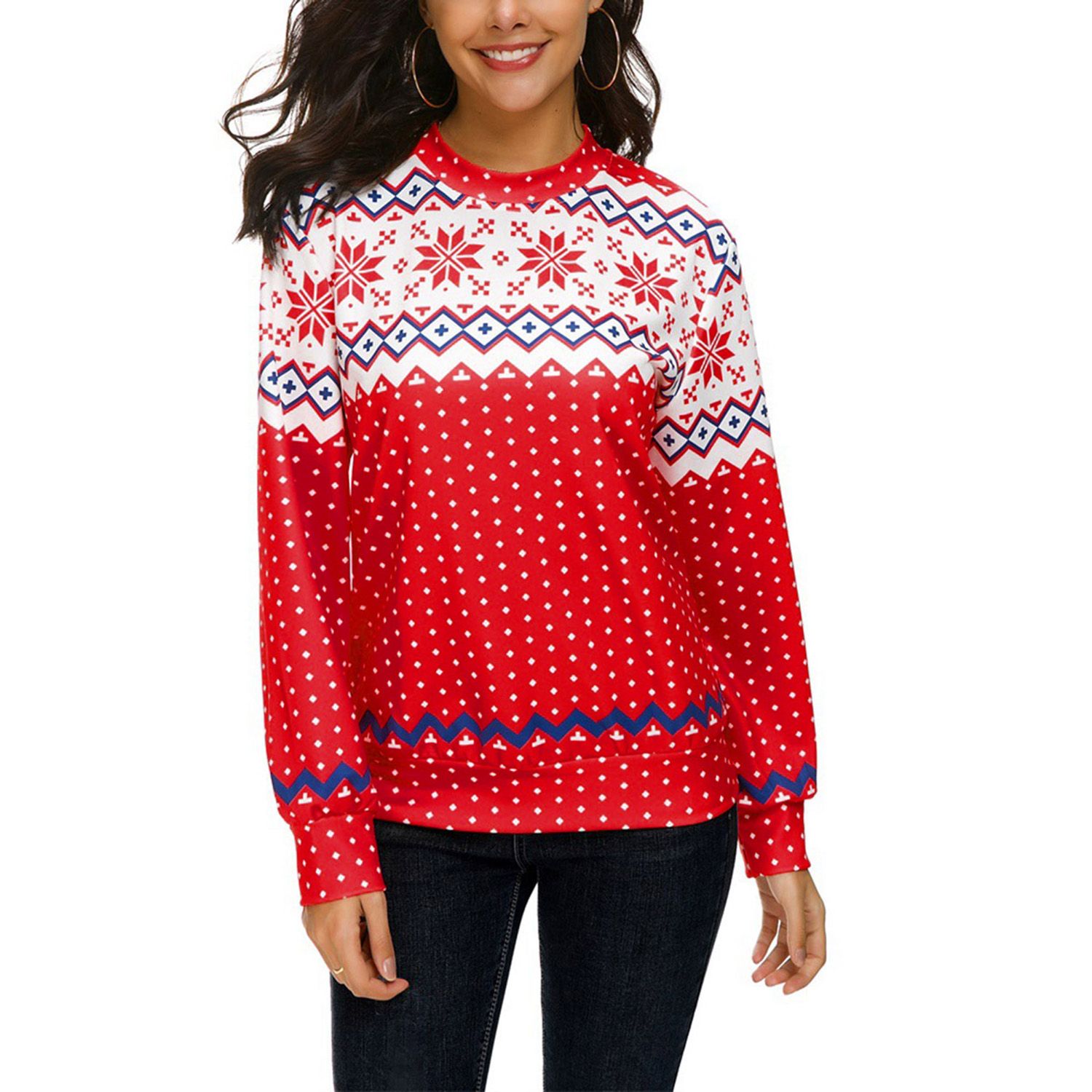 Women Christmas Print Pullover, Long Sleeve Round Neck Sweater Autumn and Winter Top