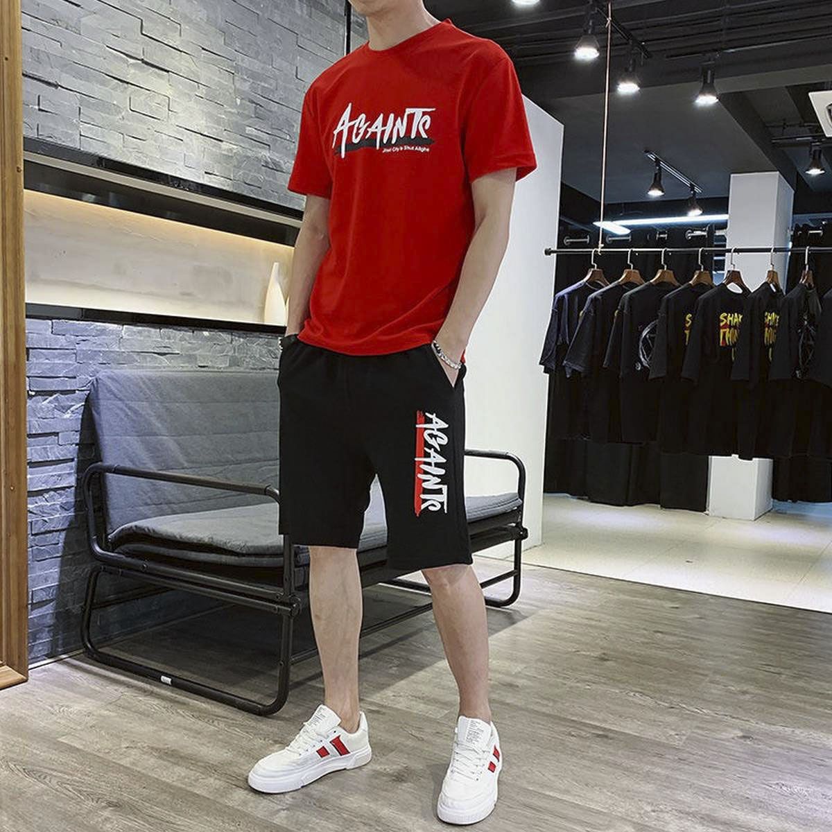 Men'S Fashion - Black And Red High Quality Stylish Cotton Short Sleeve T-Shirt And Pant For Men - T Shirt For Man
