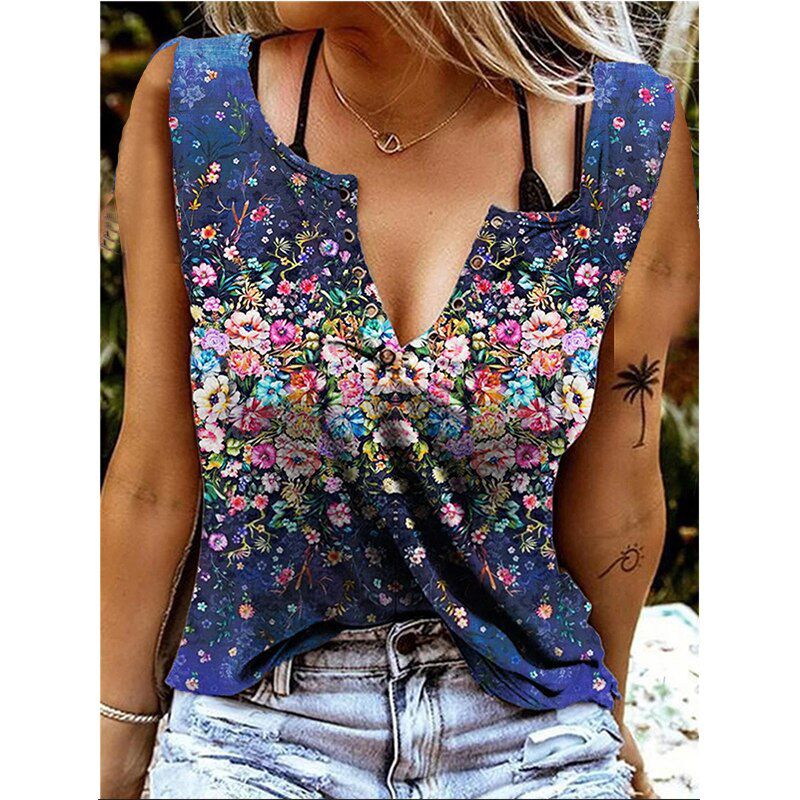 Women's V Neck Sleeveless T Shirt Summer New Vest Top Printing Short-sleeved Shirt able Ropa De Mujer