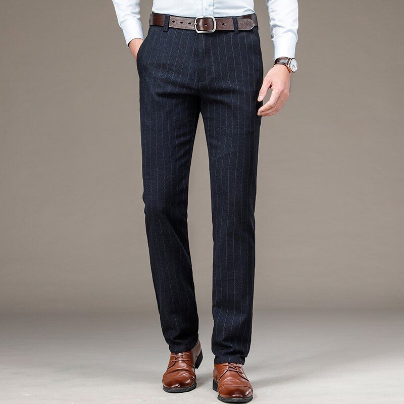 high-quality Cotton Casual Suit pants Men Classic Style Straight Loose High Waist Elastic Trousers Male Brand Clothes