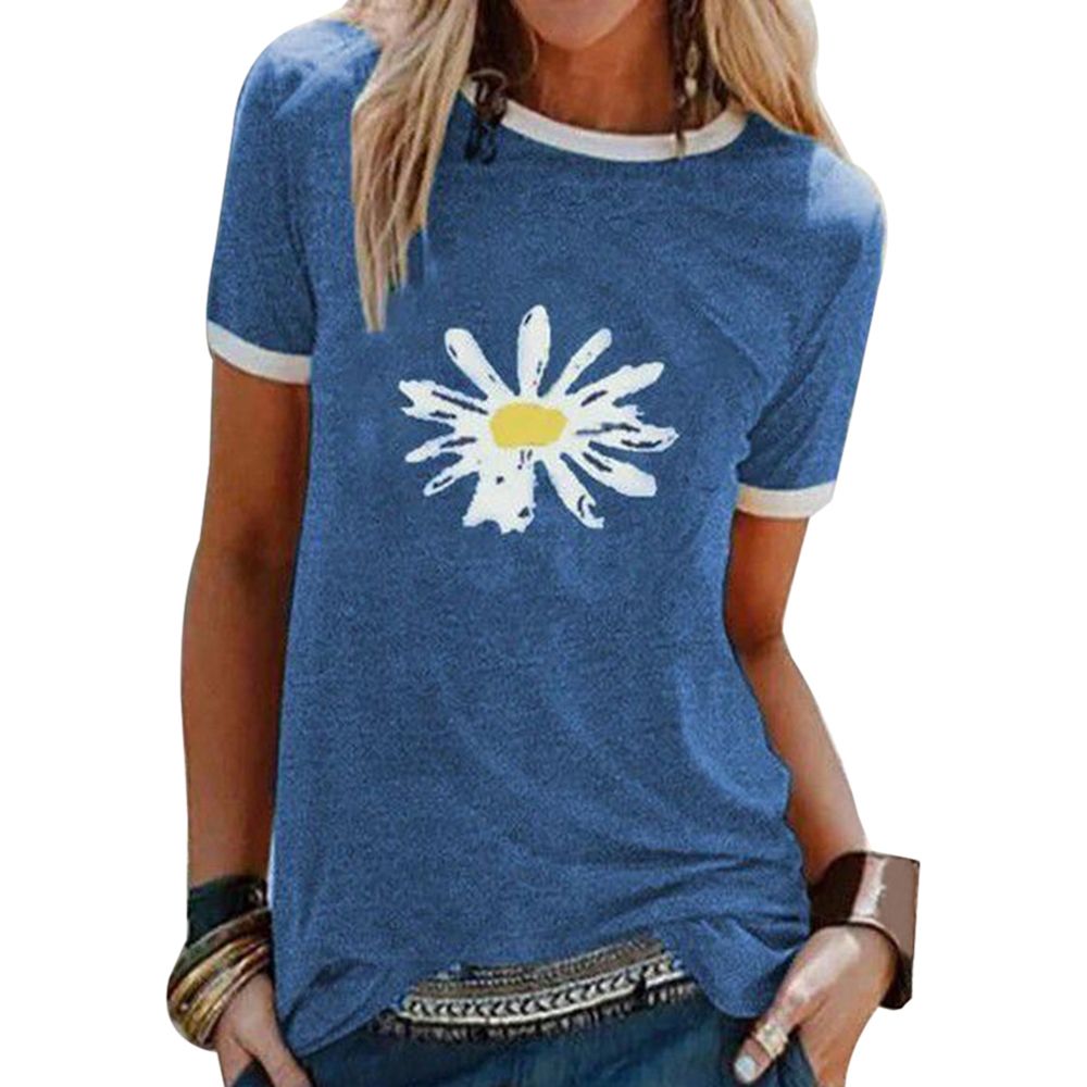 Women Summer O Neck Short Sleeve Marguerite Print T-shirt Top