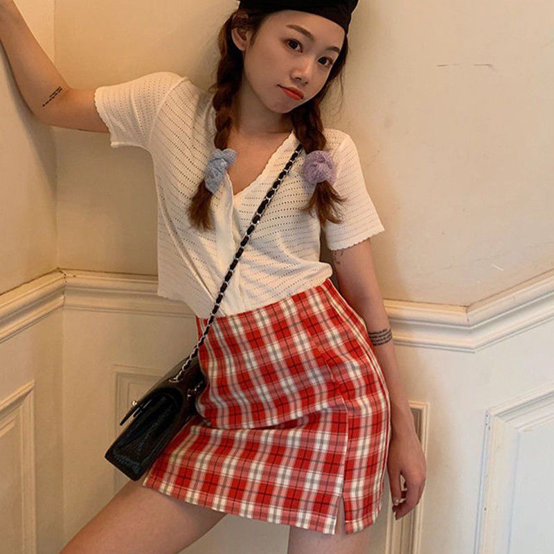 Stitching Color Lattice High Waist Skirt Slim Temperament A Line Skirt Simple Skirt For Women