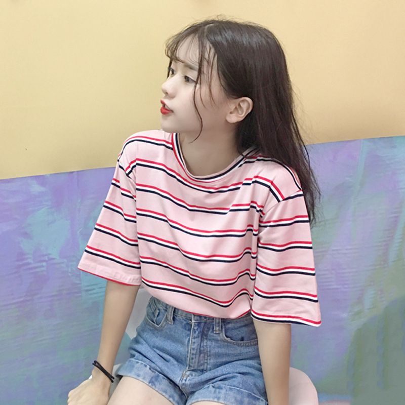 Women Short Sleeve Striped T-shirt Summer Fashion Round Neck Pullover Tops for Ladies
