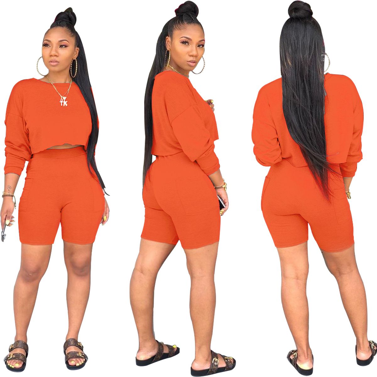 2 Pcs Women Short Solid Color Outfits, Long Sleeve Round Neck T-shirt Side Pocket Shorts Casual Style Clothes Set
